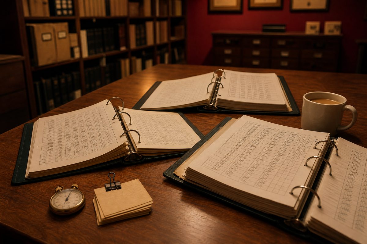 A records table with three open ring binders of ruled tally sheets, a brass stopwatch and a stack of index cards