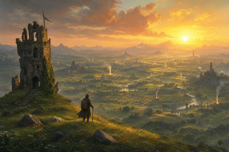A vast green valley at sunset seen from a hilltop with a ruined watchtower and distant campfires