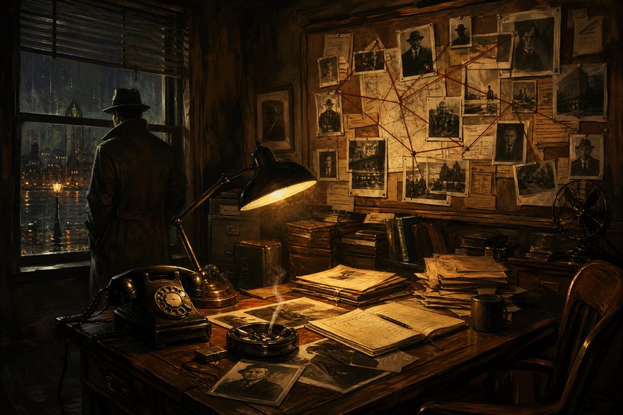 A cluttered 1930s investigator's office at night with a corkboard of pinned photographs and red thread