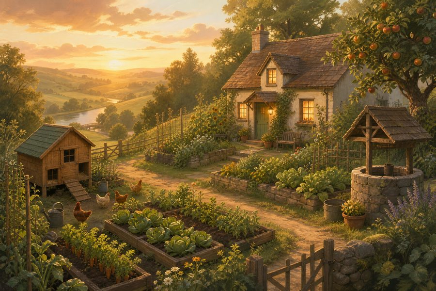 A small hillside smallholding at golden hour with vegetable beds, a chicken coop and a stone well