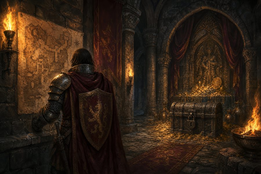 A torch-lit vaulted stone hall with a treasure alcove and an armoured figure studying a wall map
