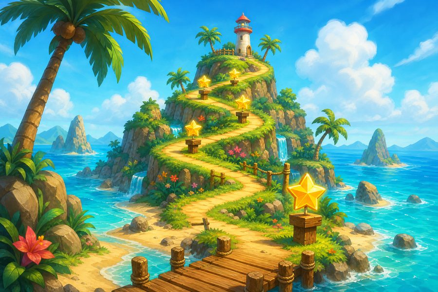 A bright cartoon island with a spiral path and floating golden collectible stars