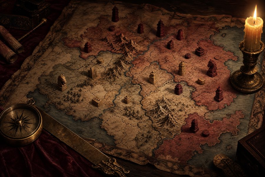 An antique war map on a table with carved wooden markers, a compass and a brass ruler by candlelight