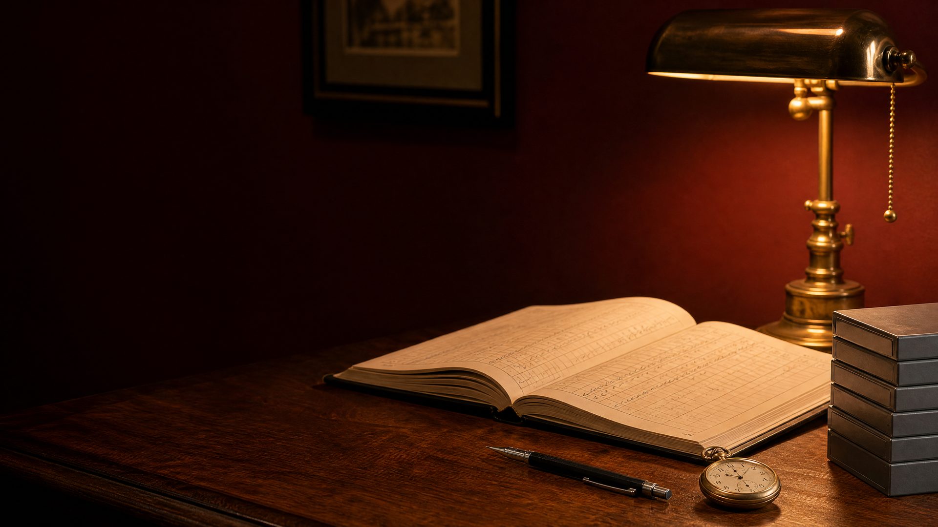 A wooden desk under a brass lamp with an open ledger of handwritten tally marks, a pencil and a stopwatch